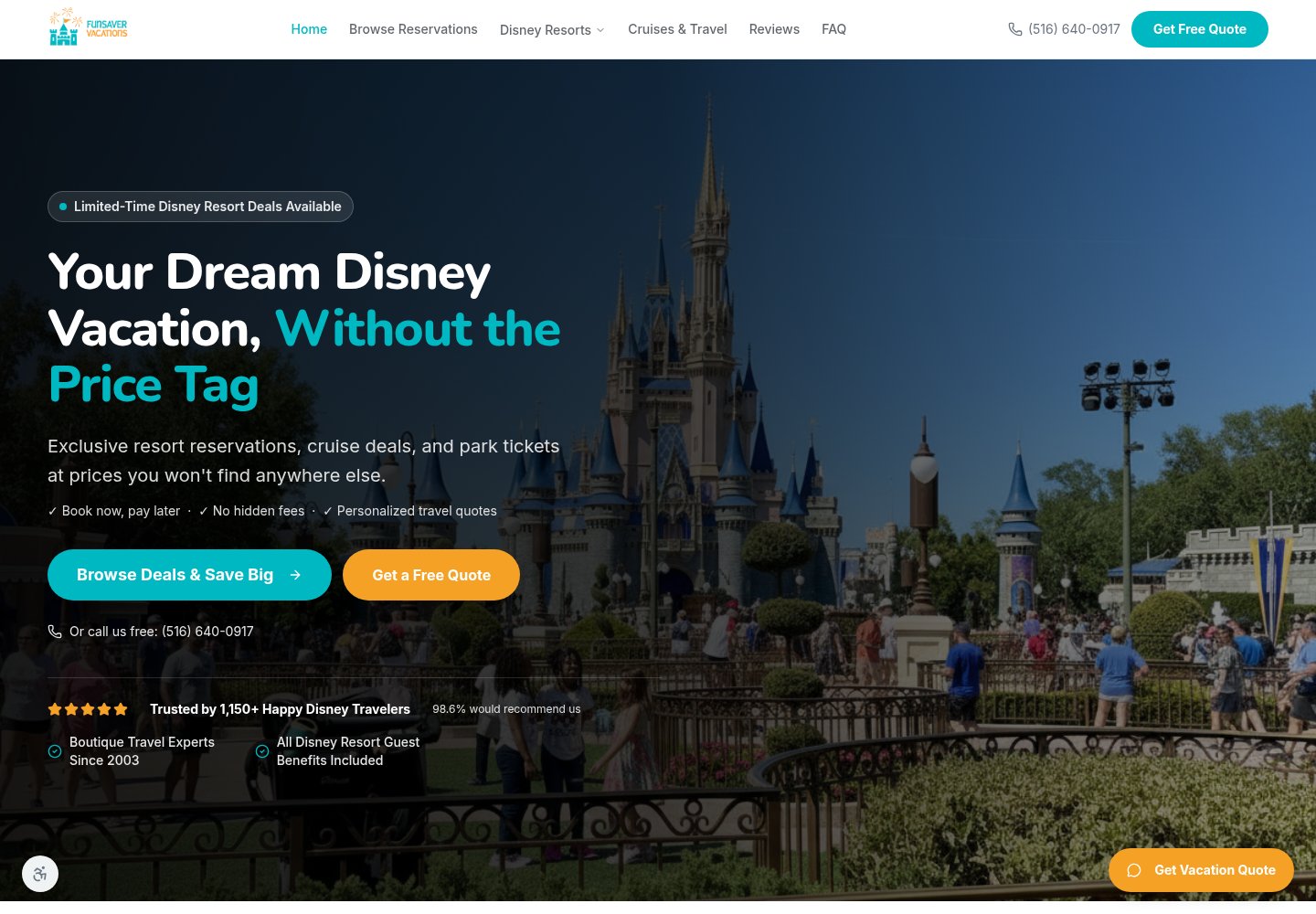 Funsaver Vacations website homepage
